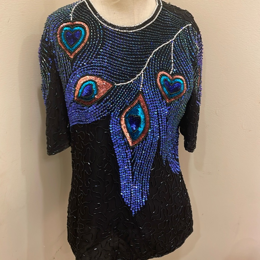 Vintage beautiful silk sequins top with peacock design